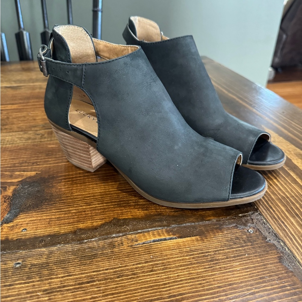 Lucky Brand Black Peep-Toe Heeled Boots